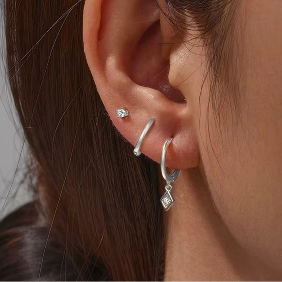 925 Sterling Silver Mini Hoop Earrings with CZ Charm (Single Piece) - Picture 2 of 3